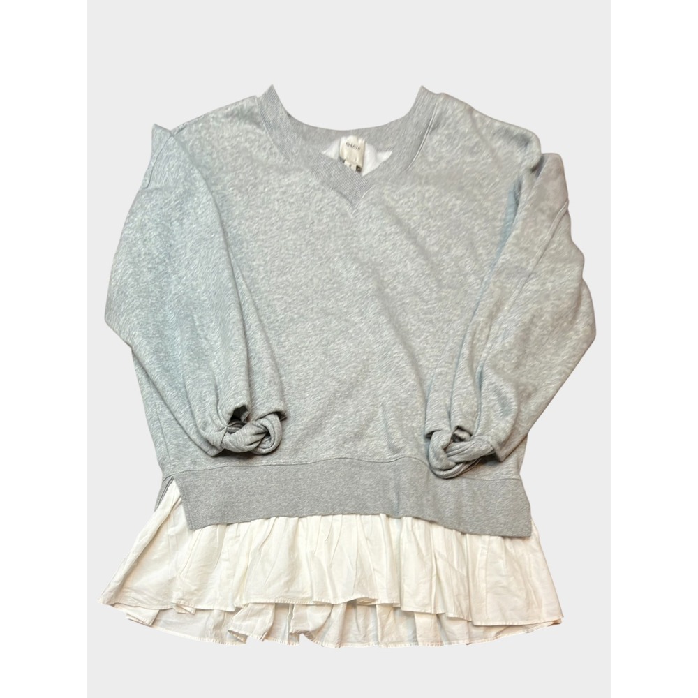 Maeve Anthropologie Womens Grey V-Neck Puff Sleeve Pleated Hem Sweatshirt M